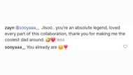 The caption written by Zayn and Jisoo's comment (Image via Instagram/@zayn)